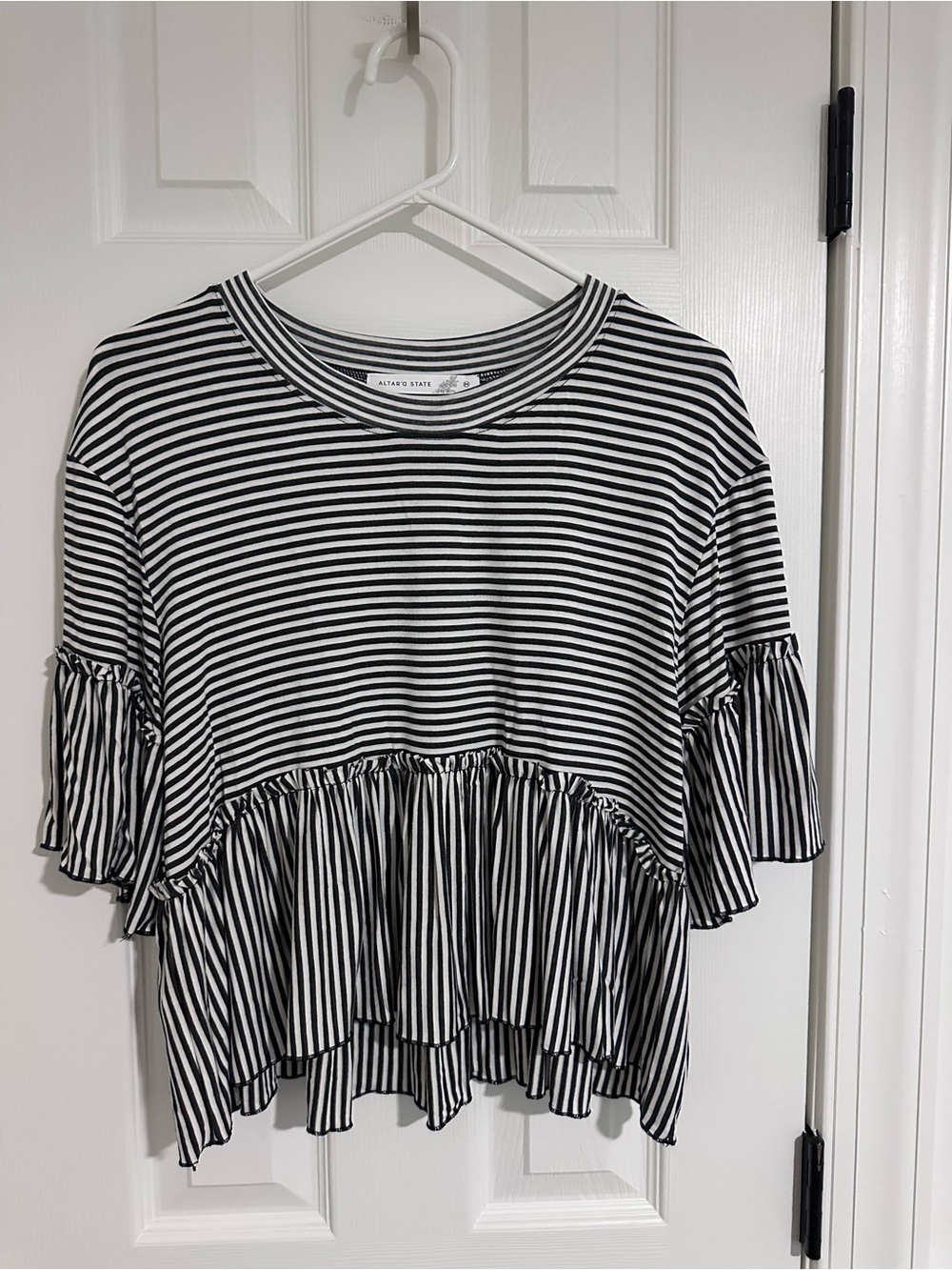 Altar'd State Black & White Striped Ruffle-Hem Tee